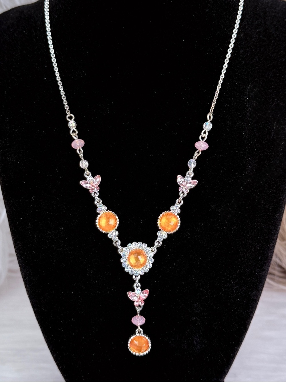 Floral Y Necklace Orange Pink Rhinestone Bead Necklace